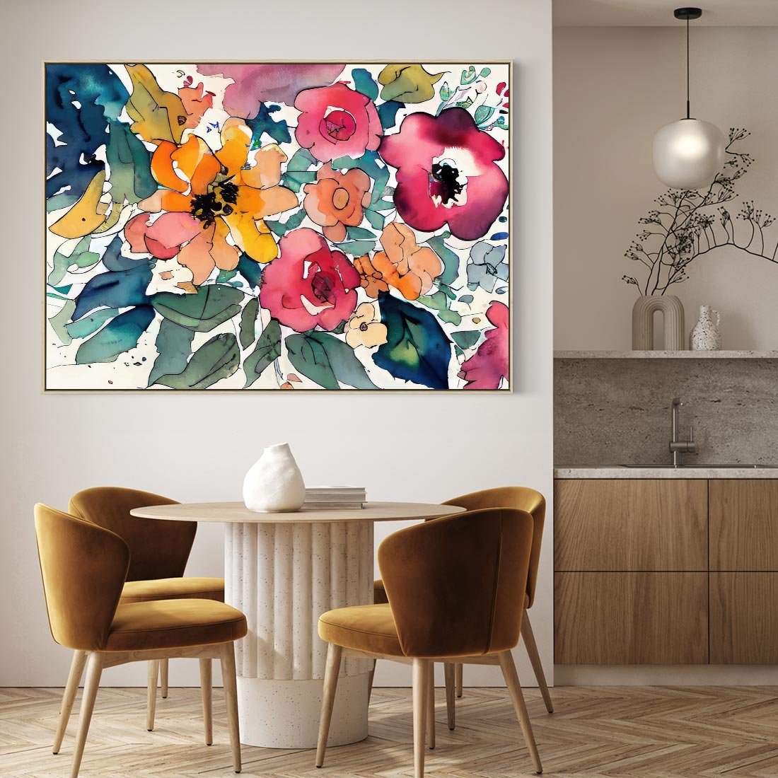 Obraz w ramie 70x50 - Kwiatowy Impuls Kolorów - abstrakcyjne kolorowe kwiaty, szkic - rama drewno