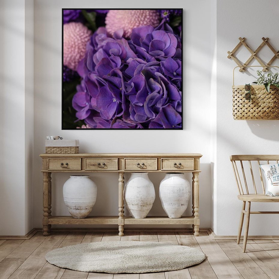 Obraz w ramie 50x50 - Fioletowa hortensja - kwiaty, hortensja - rama czarna