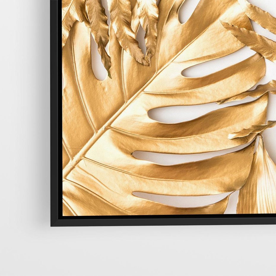 Obraz w ramie 50x50 - Monstera Złote Liście - monstera, złote - rama czarna