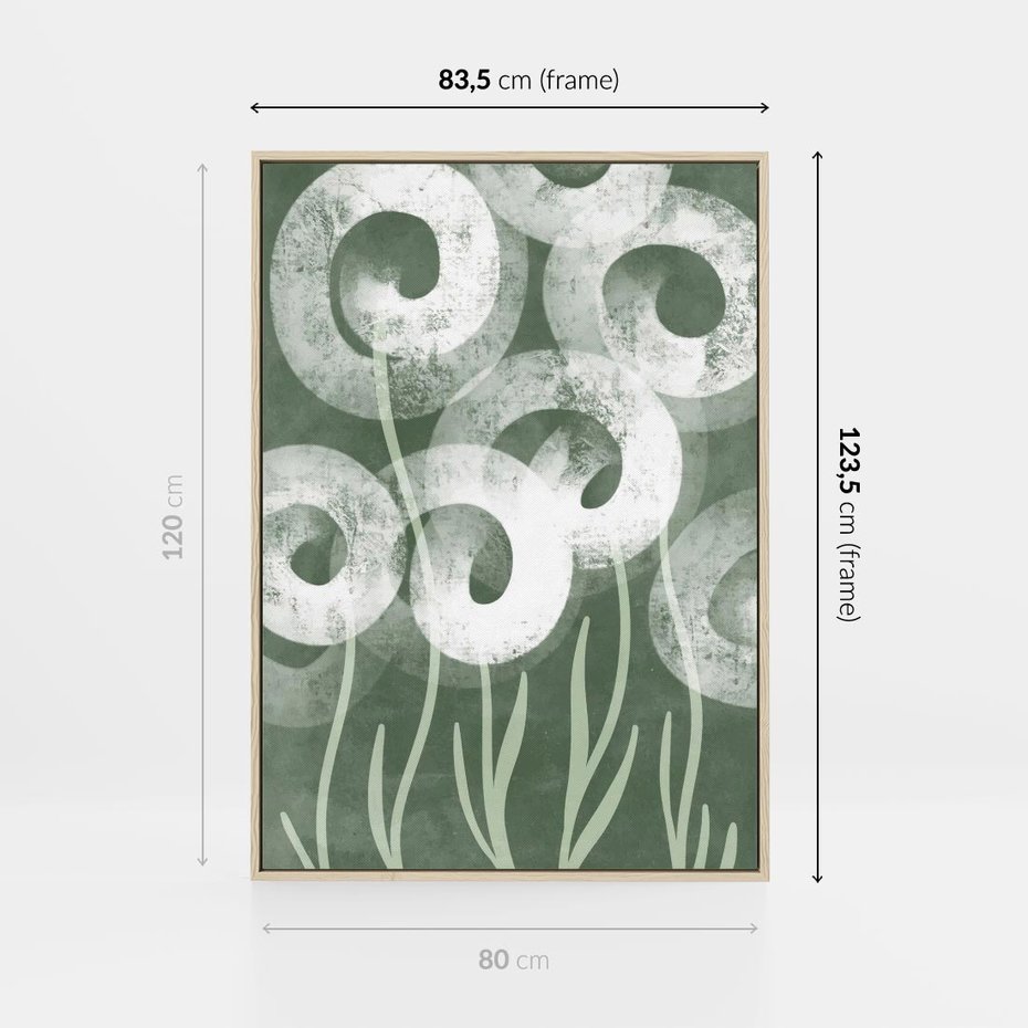 Obraz w ramie 80x120 - Spokojne Plamy Natury - zielony plakat, roślinne motywy - rama drewno
