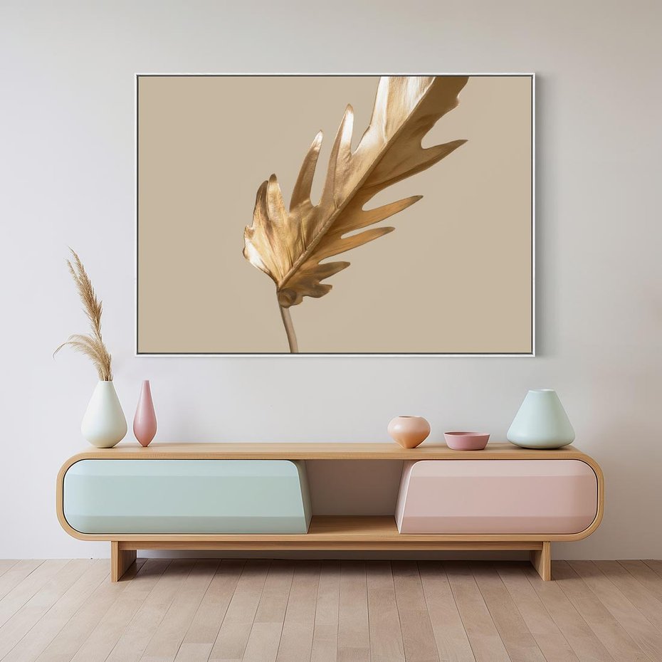 Obraz w ramie 120x80 - Piękno w Detalu - złoty, liść - rama biała