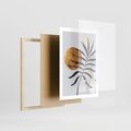 Plakat w ramie 50x70 - Grafika z Czarnym Liściem Palmy - czarny liść palmy, złóte kołó - rama drewno