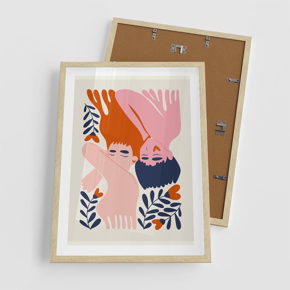 Plakat w ramie 50x70 - Miłość w Dwóch Sercach - miłość, para zakochanych - rama drewno