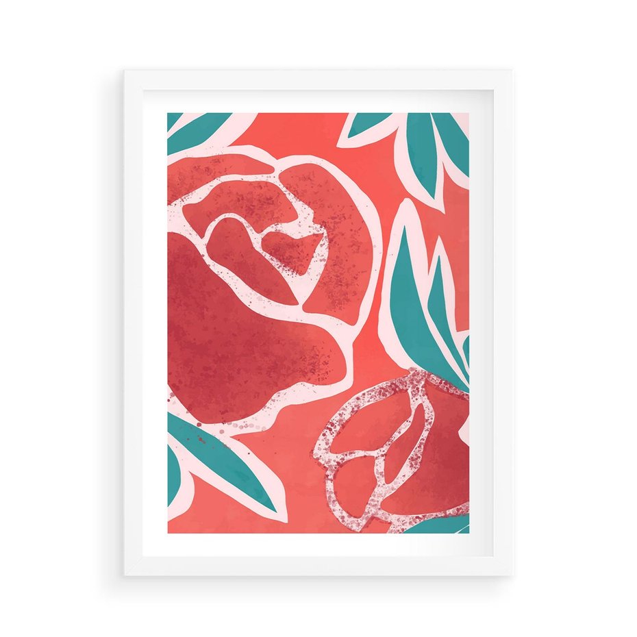 Plakat w ramie 50x70 - Rozkwitające Kształty - nowoczesny plakat, abstrakcyjne róże - rama biała