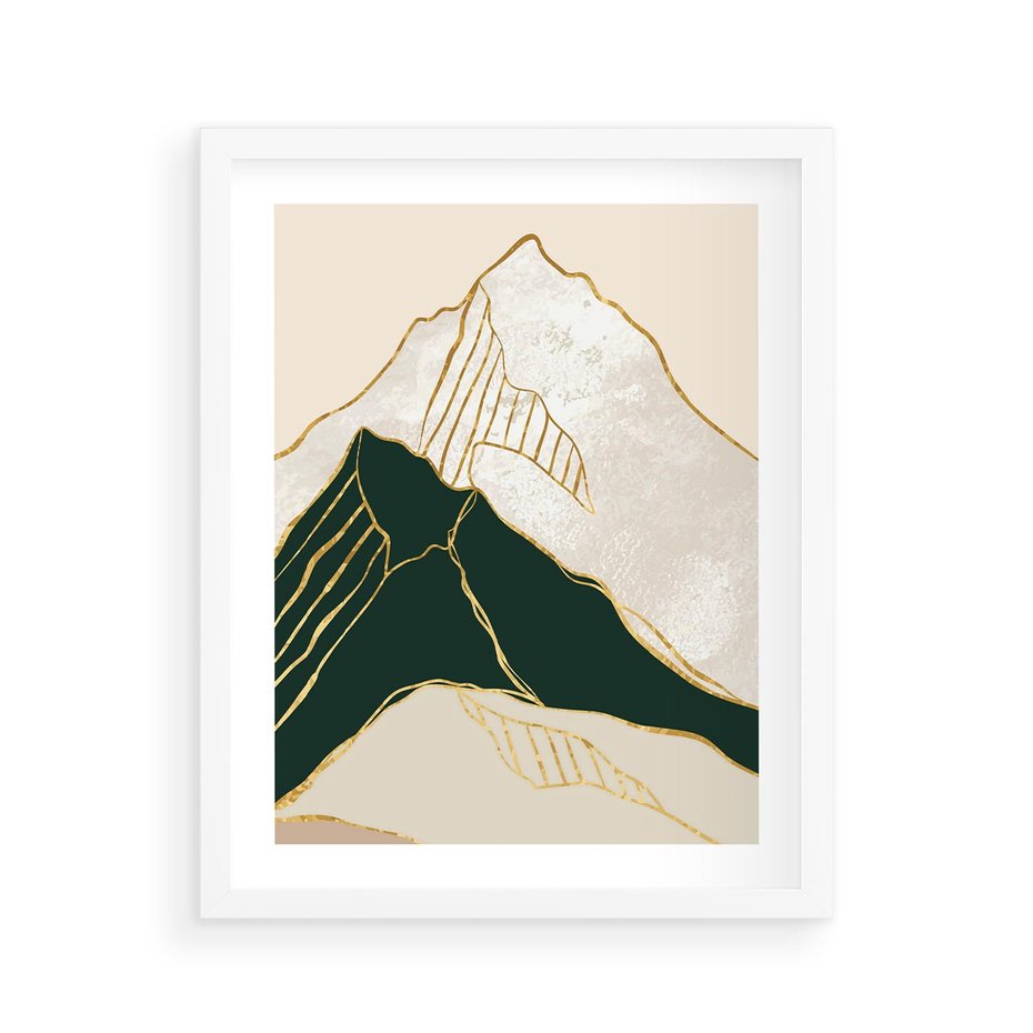 Plakat w ramie 40x50 - Minimalistyczne Góry: Złota Sztuka Natury - minimalistyczna grafika, góry - rama biała