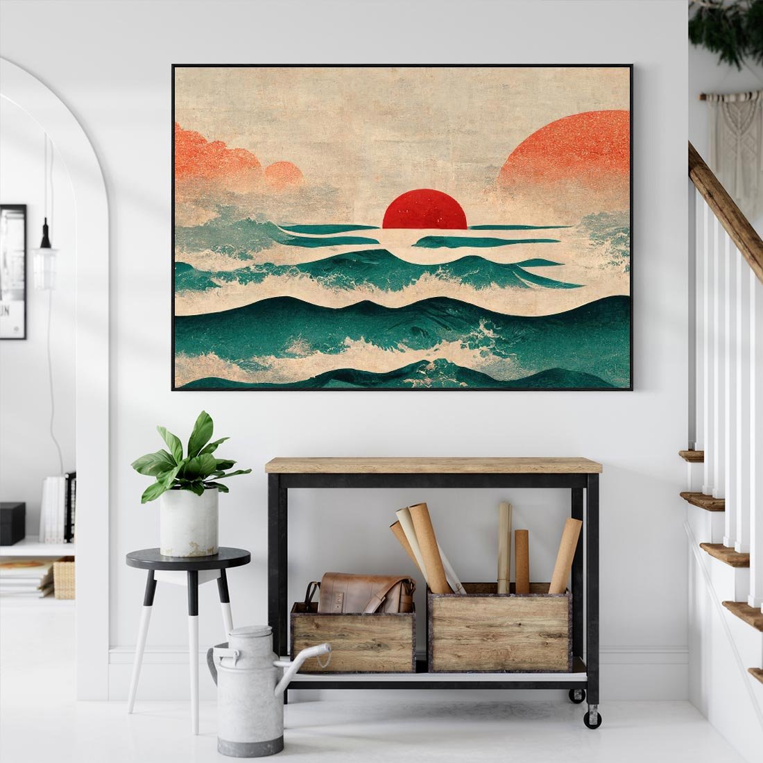 Obraz w ramie 70x50 - Czerwone Melodie - japońska sztuka, zachód słońca nad oceanem - rama czarna