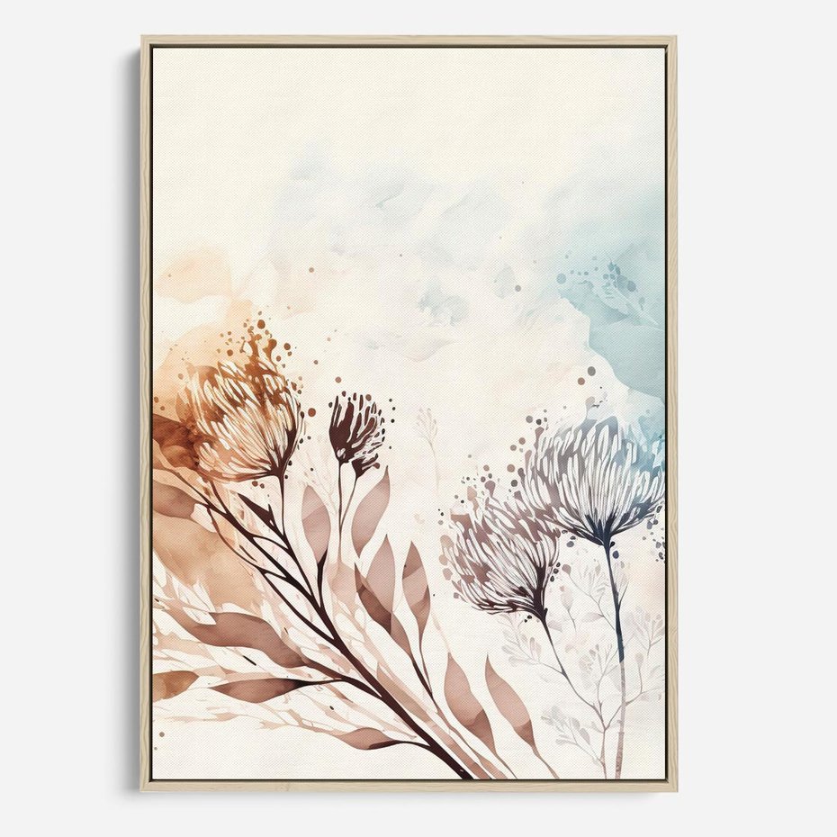 Obraz w ramie 50x70 - Nostalgiczne tańce pędzla - akwarelowe kwiaty, gałęzie - rama drewno