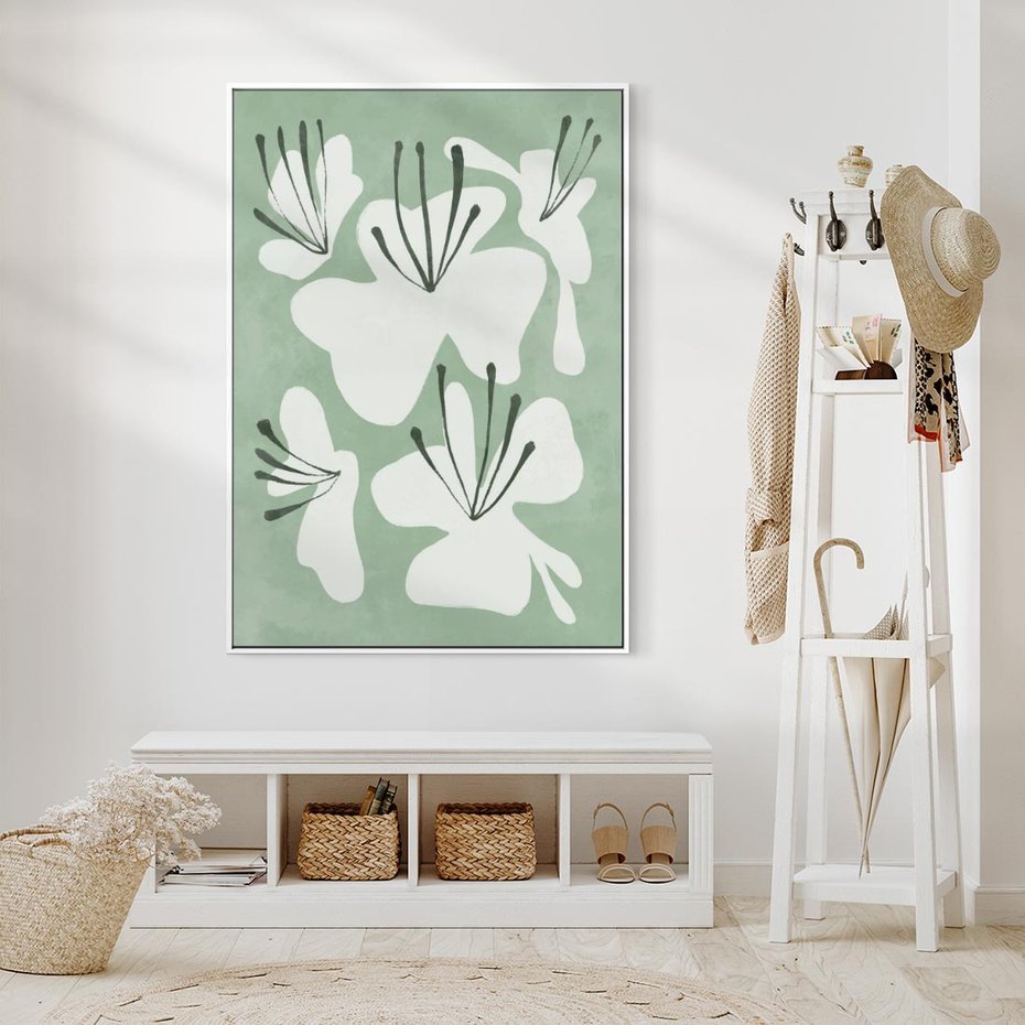 Obraz w ramie 70x100 - Rozkwitające Ukojenie - zgaszona zieleń, kwiaty - rama biała