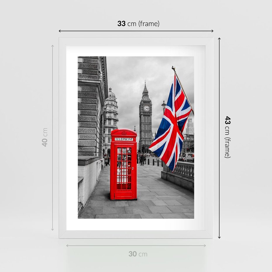 Plakat w ramie 30x40 - Londyńska Budka przy Big Benie - Londyn, budka - rama biała