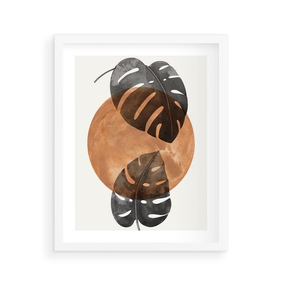 Plakat w ramie 40x50 - Elegancja w Detalach: Miedziane Koło z Monsterą - grafika, miedziane koło - rama biała