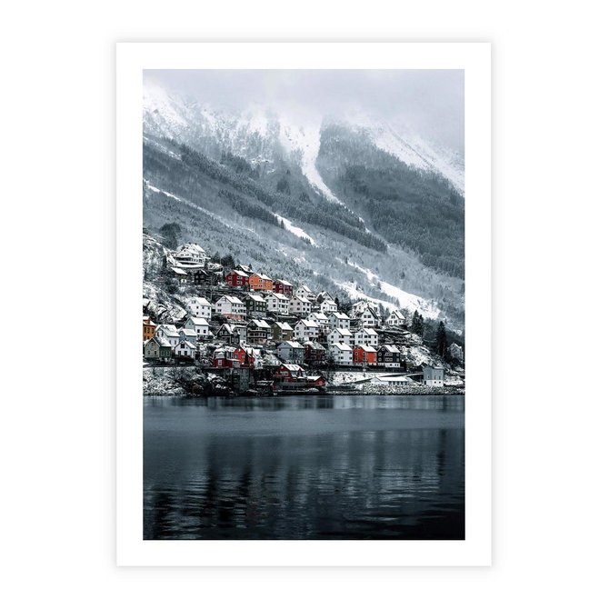 Plakat bez ramy 21x30 - Skandynawia na Wzgórzach - domki na wzgórzu, skandynawia