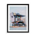 Plakat w ramie 50x70 - Plażowa Kolorystyka: Budka Ratownika w Pastelach - pastelowa budka ratownika, plaża Miami - rama czarna