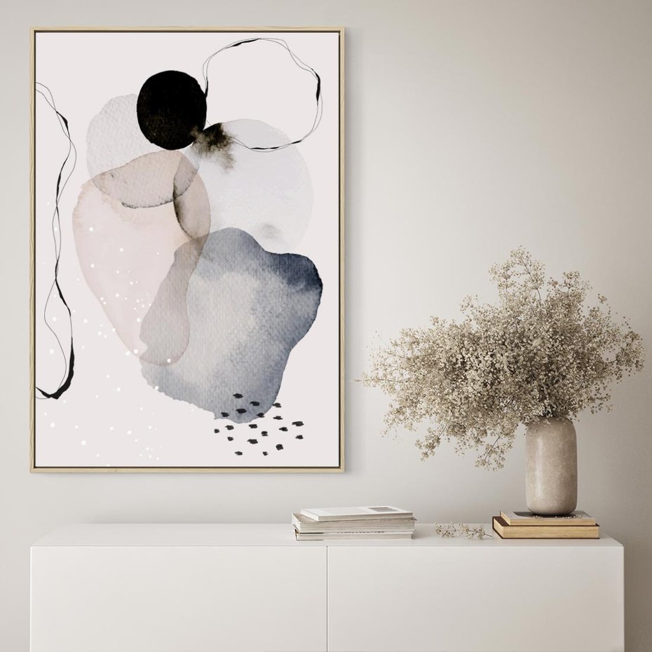 Obraz w ramie 80x120 - Migocące Barwy - abstrakcyjne plamy akwarelowe, czarny szkic - rama drewno