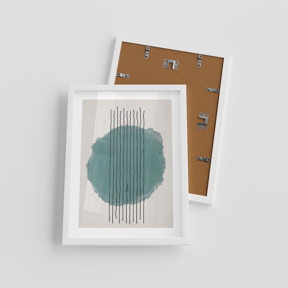 Plakat w ramie 30x40 - Podróżne Inspiracje - abstrakcyjna akwarelowa plama, nieregularne kreski - rama biała