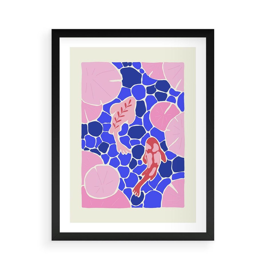 Plakat w ramie 50x70 - Rzeka Abstrakcji - abstrakcyjna kompozycja, różowe ryby wśród rafy - rama czarna