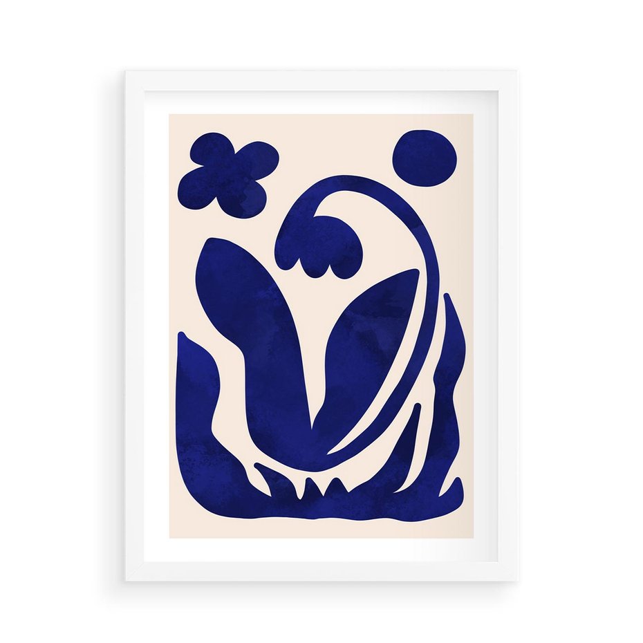 Plakat w ramie 50x70 - Bezgraniczne Echa Serca - abstrakcyjny obraz plakat, dziwne niebieskie kształty przypominają kwiat - rama biała