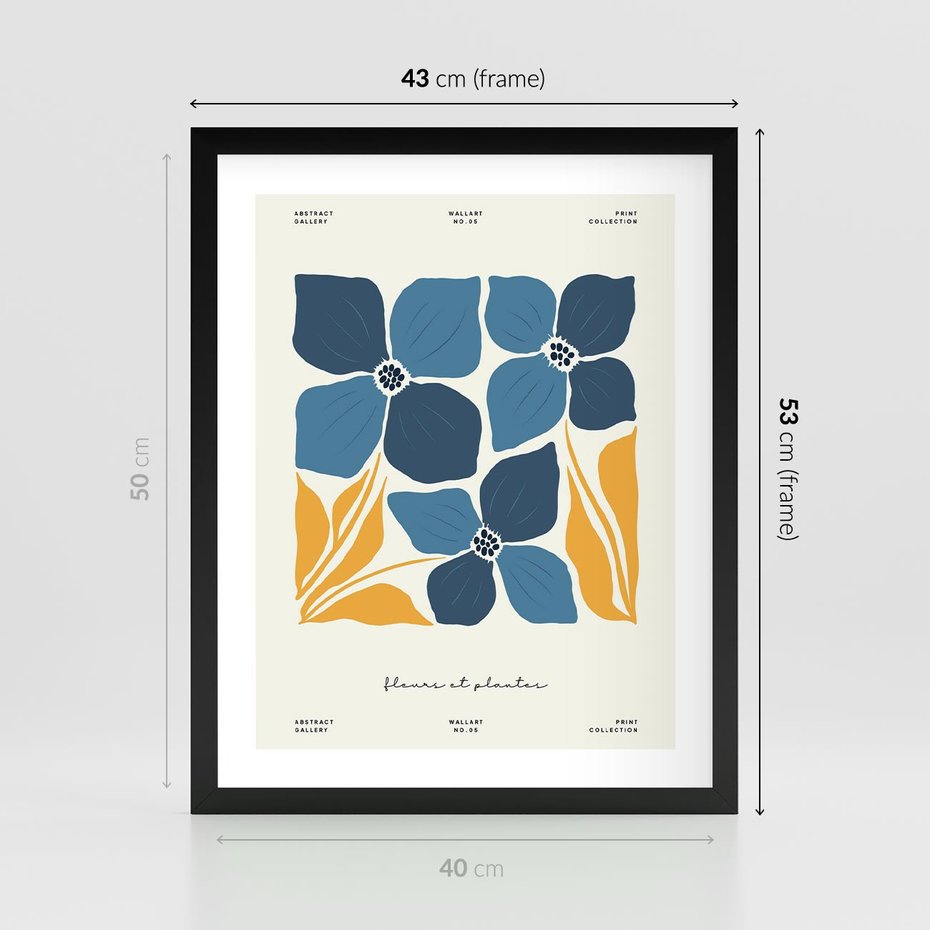 Plakat w ramie 40x50 - Błękitne Nowości - niebieskie kwiaty, nowoczesna sztuka - rama czarna