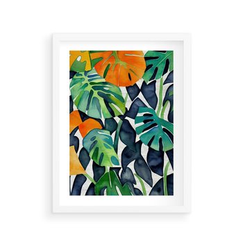 Plakat w ramie 30x40 - Tropikalne Pragnienia - akwarela, liście tropikalne - rama biała