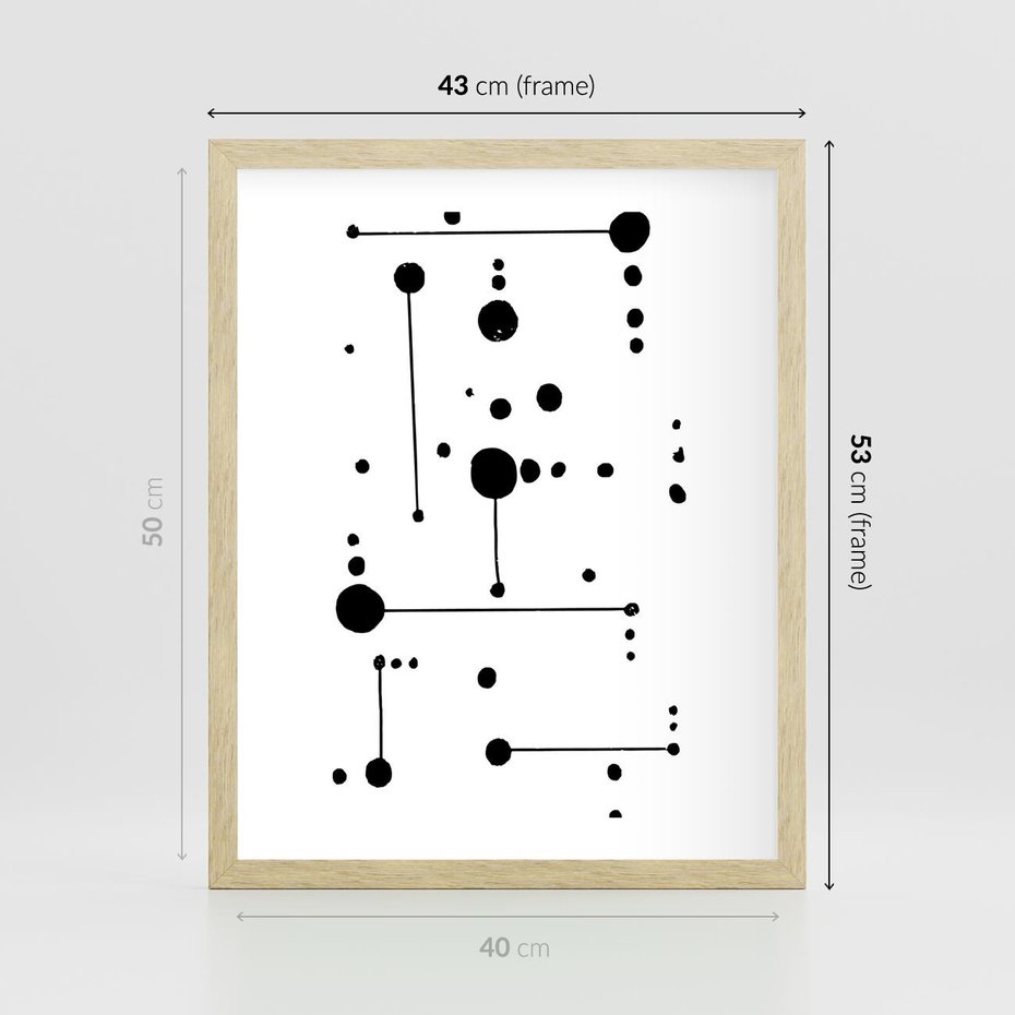 Plakat w ramie 40x50 - Nocne Zawirowania - abstrakcyjny plakat, czarne kropki i kreski - rama drewno