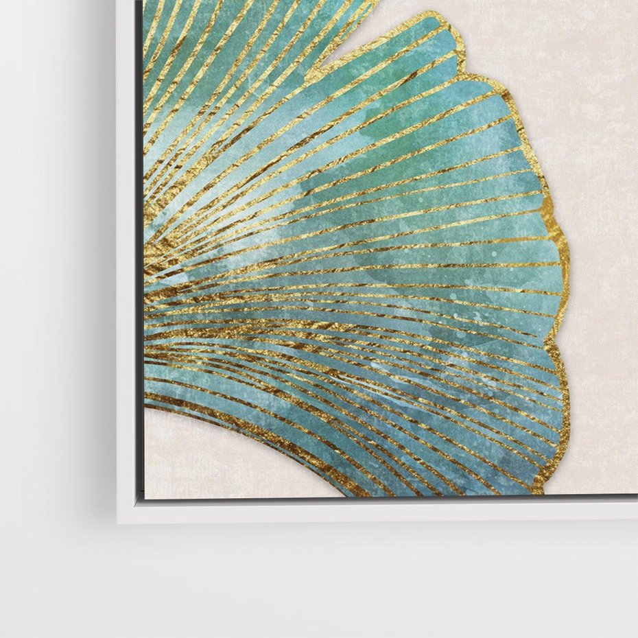 Obraz w ramie 80x80 - Złota Melodia Liści - złote, turkusowe liście miłorzębu - rama biała