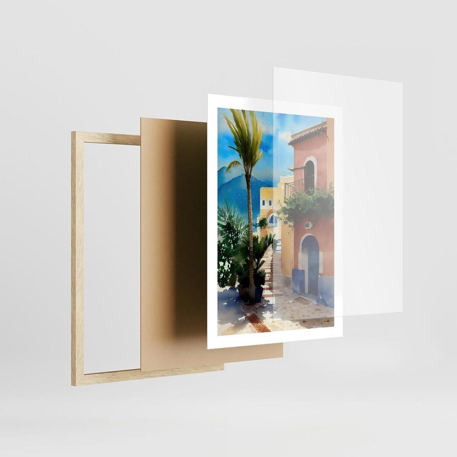 Plakat w ramie 50x70 - Spokój Miasta nad Morzem - akwarela, sródziemnomorski klimat - rama drewno