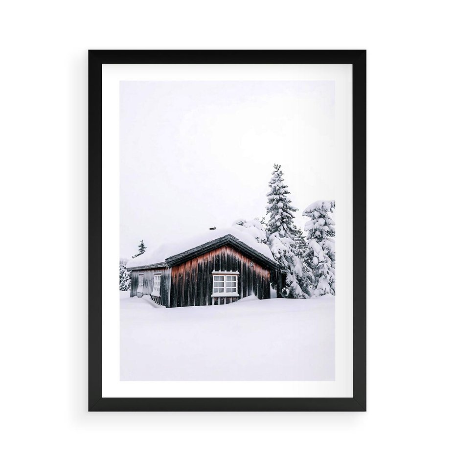 Plakat w ramie 50x70 - Zimowy Azyl: Domek w Górach - domek w górach, śnieg - rama czarna