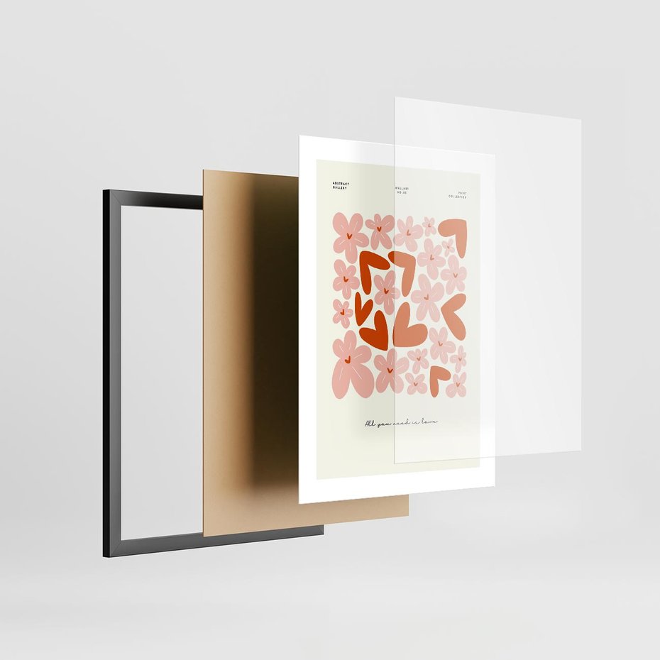 Plakat w ramie 30x40 - Miłość w Kompozycji - grafika, kompozycja kwiaty i serca - rama czarna