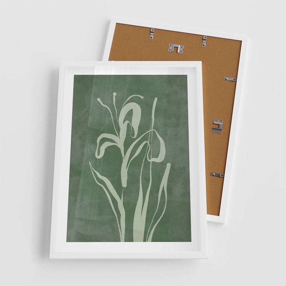 Plakat w ramie 50x70 - Zielony Oddech - zielona abstrakcja, zgaszona zieleń - rama biała