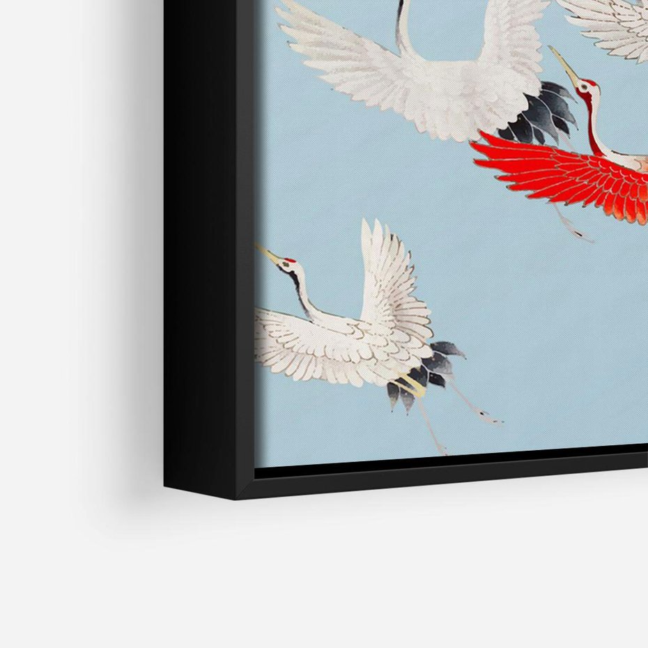 Obraz w ramie 70x50 - Eteryczne Żurawie - lecące żurawie, orientalna sztuka - rama czarna