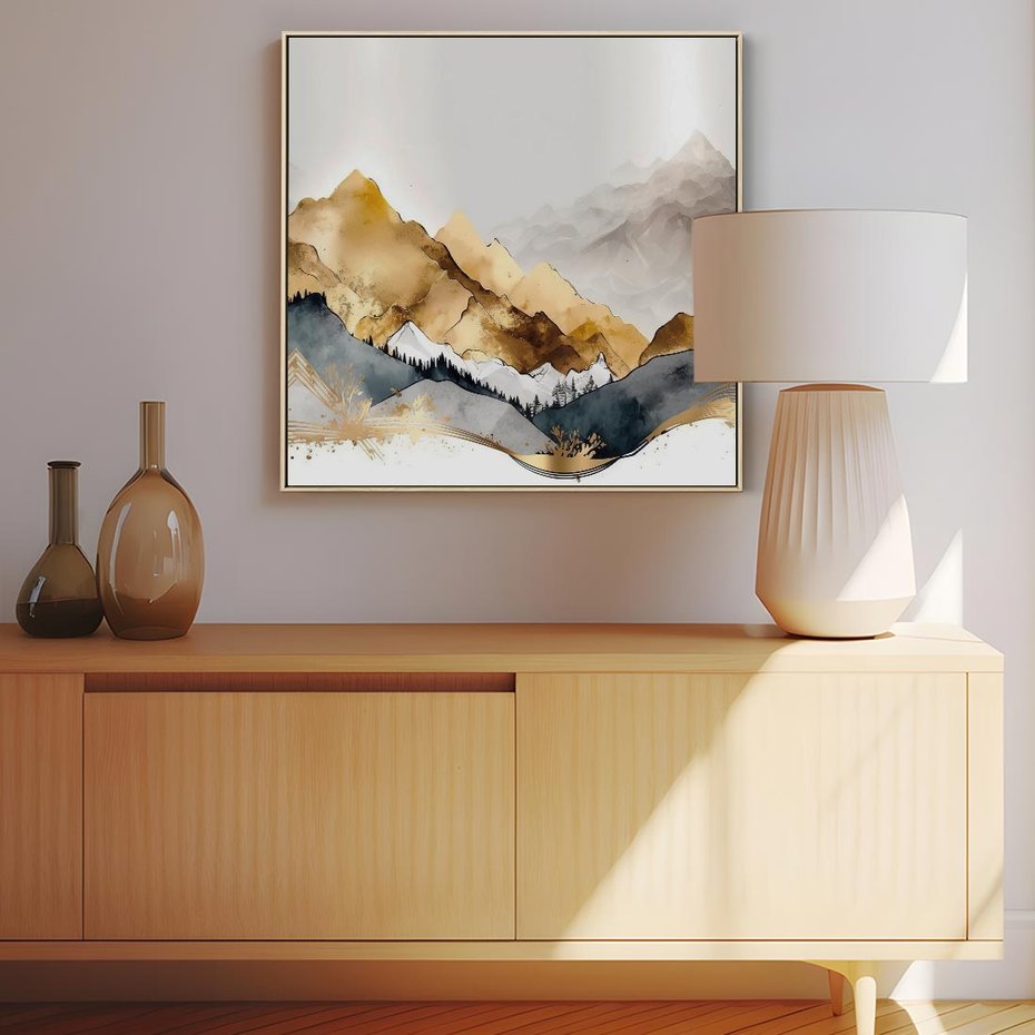 Obraz w ramie 80x80 - Złote Góry - akwarela, graficzne góry - rama drewno