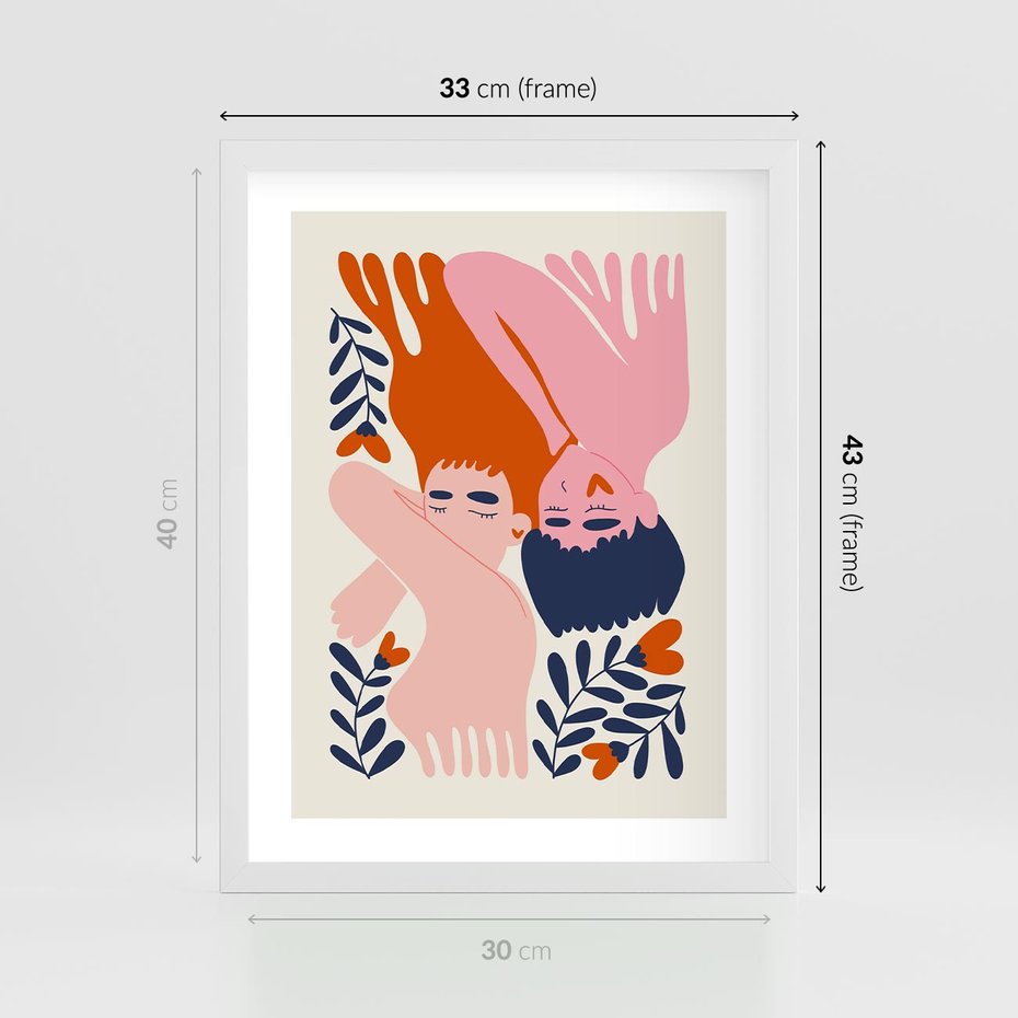 Plakat w ramie 30x40 - Miłość w Dwóch Sercach - miłość, para zakochanych - rama biała