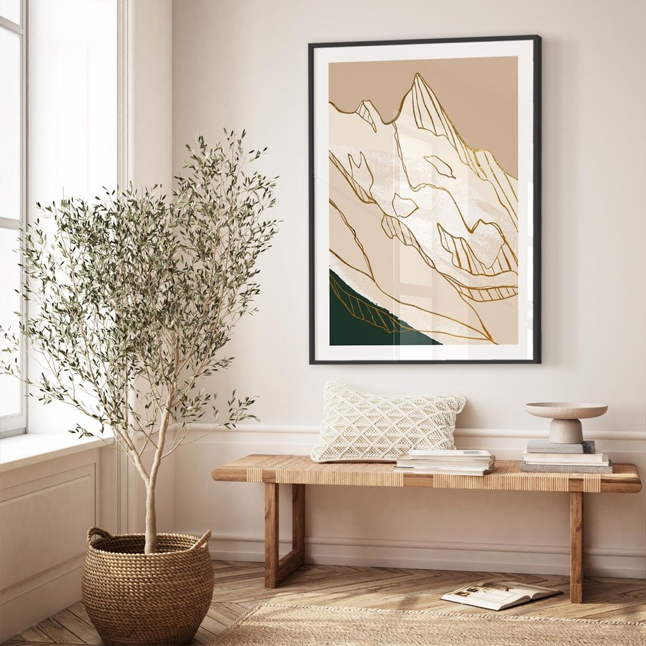 Plakat w ramie 40x50 - Góry w Złocie i Minimalizmie - grafika, złote góry - rama czarna