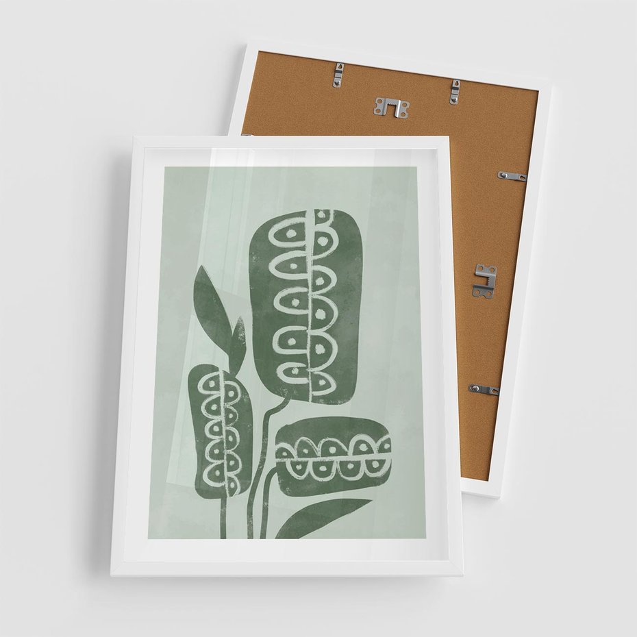 Plakat w ramie 50x70 - Nurtująca Zieleń - abstrakcyjny zielony motyw, skandynawski design - rama biała