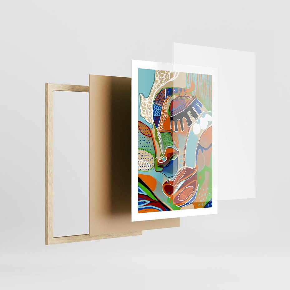 Plakat w ramie 50x70 - Wibracje Kształtów - abstrakcyjny portret kobiety, twarz - rama drewno