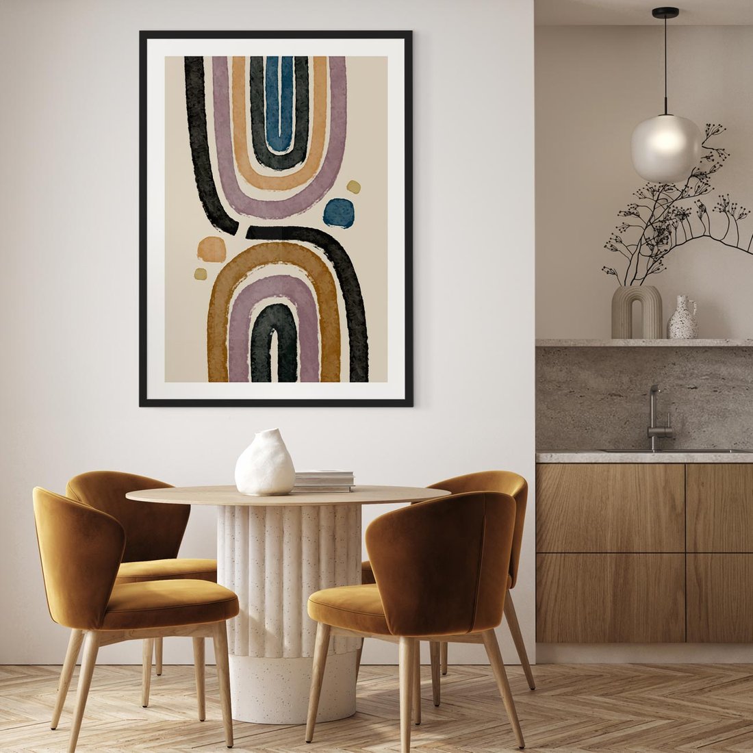 Plakat w ramie 50x70 - Taniec Przenikających Kształtów - abstrakcyjne tęcze, kompozycja - rama czarna