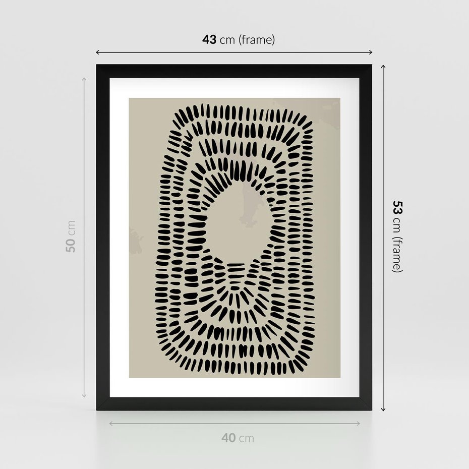 Plakat w ramie 40x50 - Zaklęte Wnętrza - boho plakat, czarne kropki kreski - rama czarna