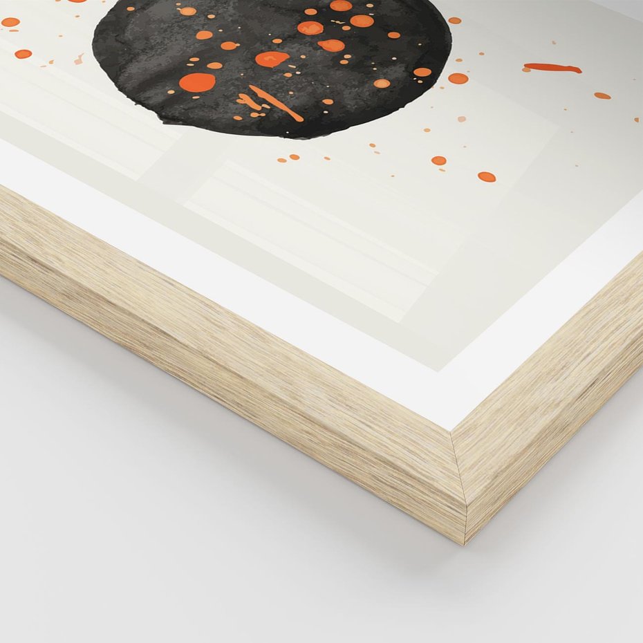 Plakat w ramie 40x50 - Impulsy Kreatywności - abstrakcyjna czarna plama, rozsiane pomarańczowe kropki - rama drewno