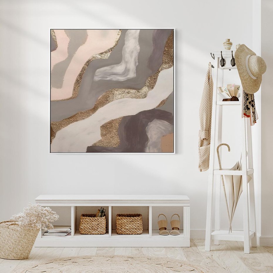 Obraz w ramie 80x80 - Płynne Fale - abstrakcja, neutralne kolory - rama biała