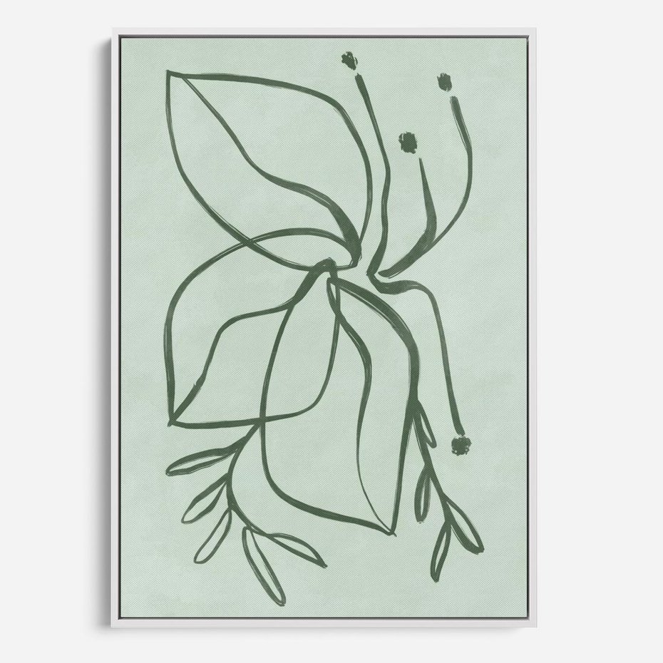 Obraz w ramie 50x70 - Energetyczne Odrodzenie Natury - abstrakcyjne delikatne zielone linie, podobne do gałęzi kwiatów - rama biała