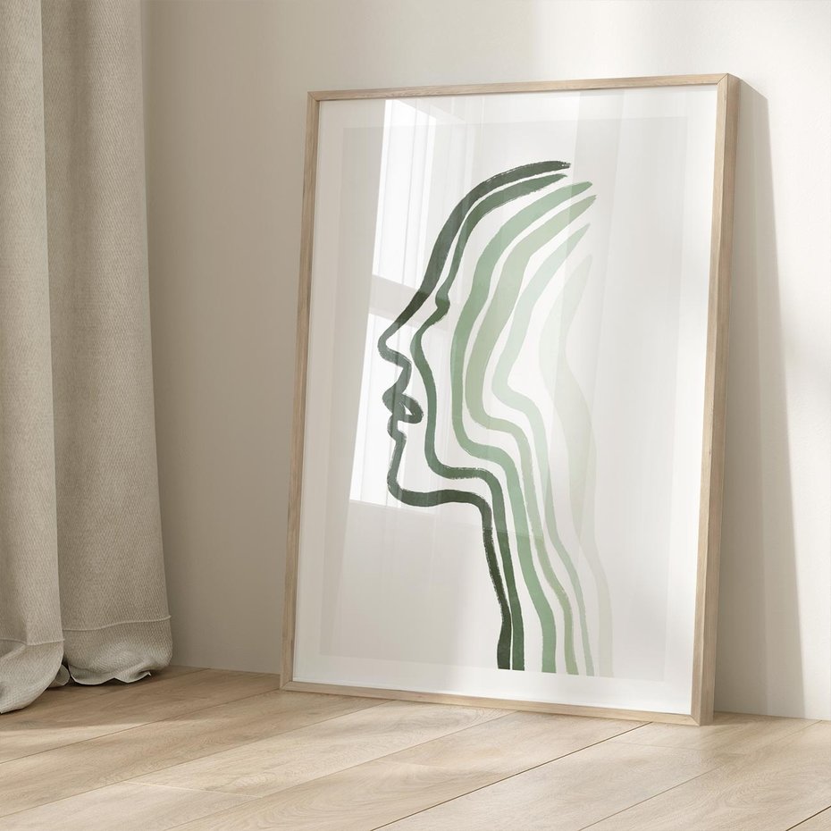 Plakat w ramie 50x70 - Zielony Profil - abstrakcja, zielony portret z profilu - rama drewno