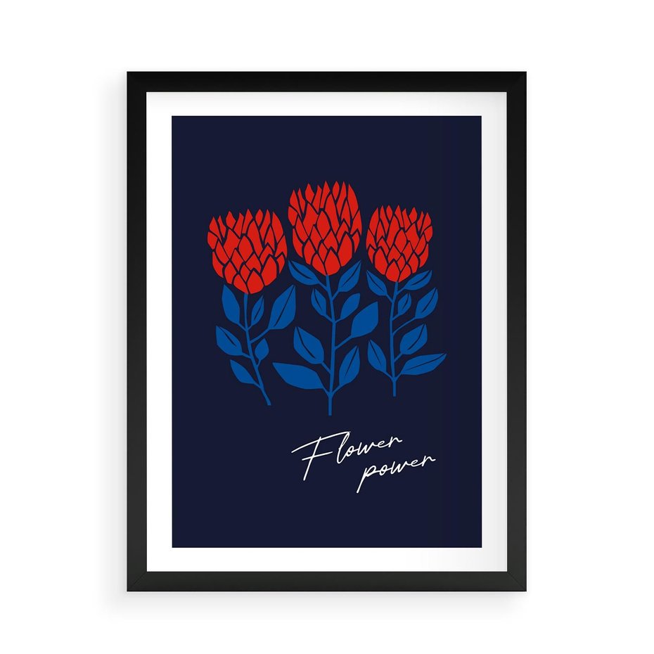 Plakat w ramie 50x70 - Podróżne Barwy - czerwone abstrakcyjne kwiaty, granatowe tło - rama czarna