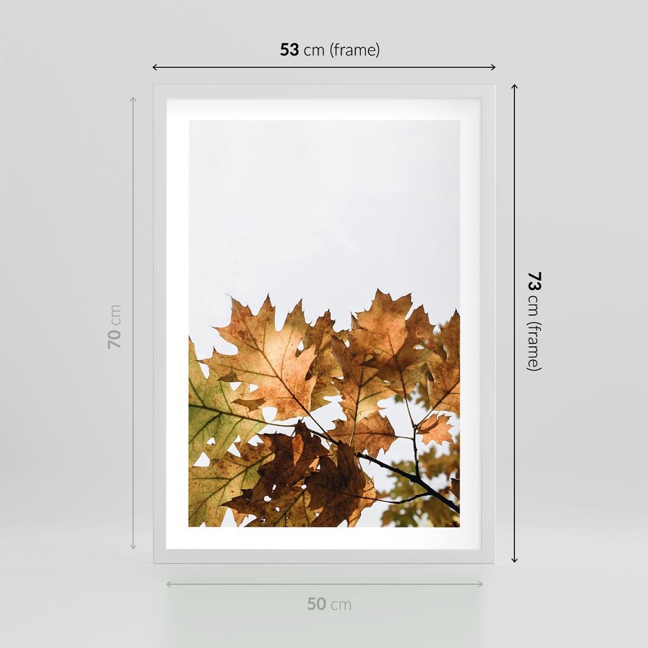 Plakat w ramie 50x70 - Suche Żółte Liście w Malowniczym Ujęciu - liście, żółte - rama biała
