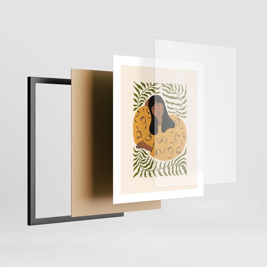 Plakat w ramie 40x50 - Malowane Odbicia Wyobraźni - nowoczesny plakat, kobieta otoczona liśćmi - rama czarna