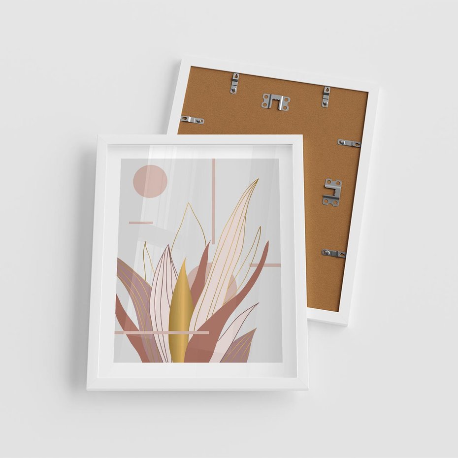 Plakat w ramie 40x50 - Złota Grafika Liści: Wyjątkowa Dekoracja - liście, złoto - rama biała