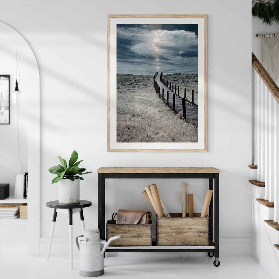 Plakat w ramie 50x70 - Burzowy pomost na plaży - plaża, pomost - rama drewno