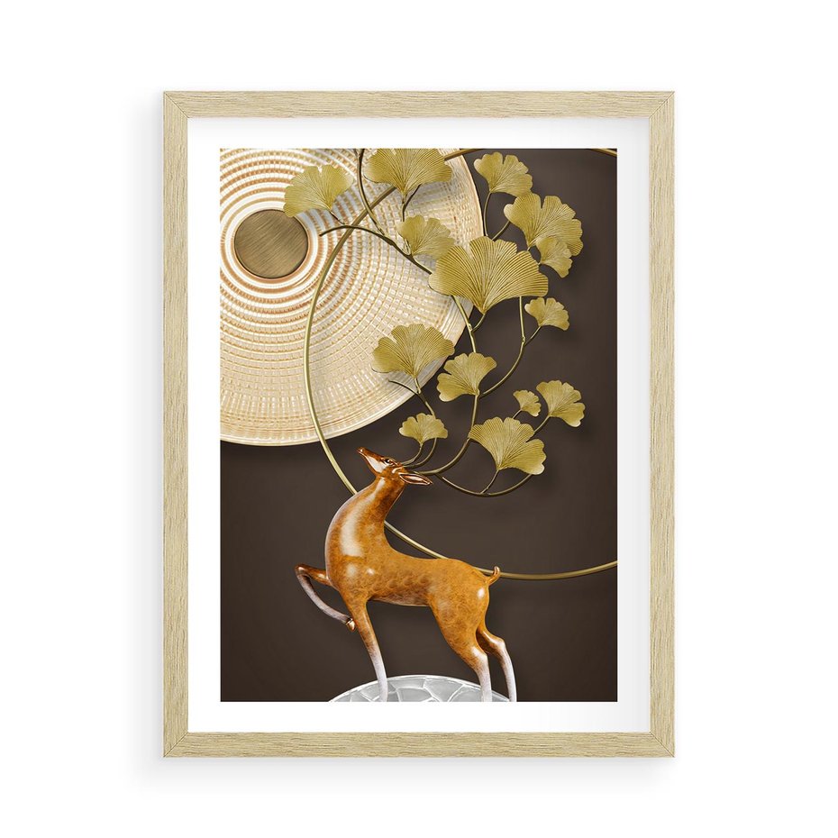 Plakat w ramie 50x70 - Elegancja i Tradycja - złote, liście - rama drewno