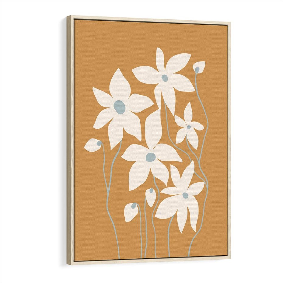 Obraz w ramie 70x100 - Kwiatowy Spektakl - minimalistyczne kwiaty, na pomarańczowym tle - rama drewno