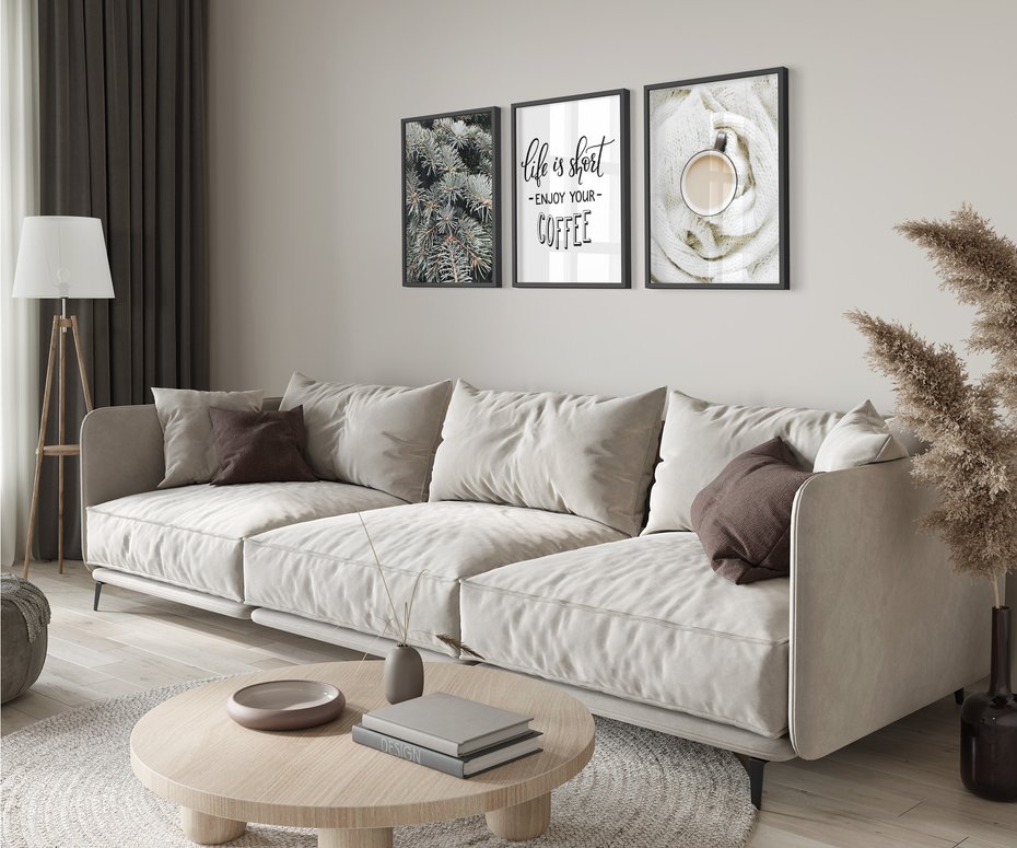 Zestaw obrazy w ramie 50x70 galeria - Kawa, zima, koc - rama czarna