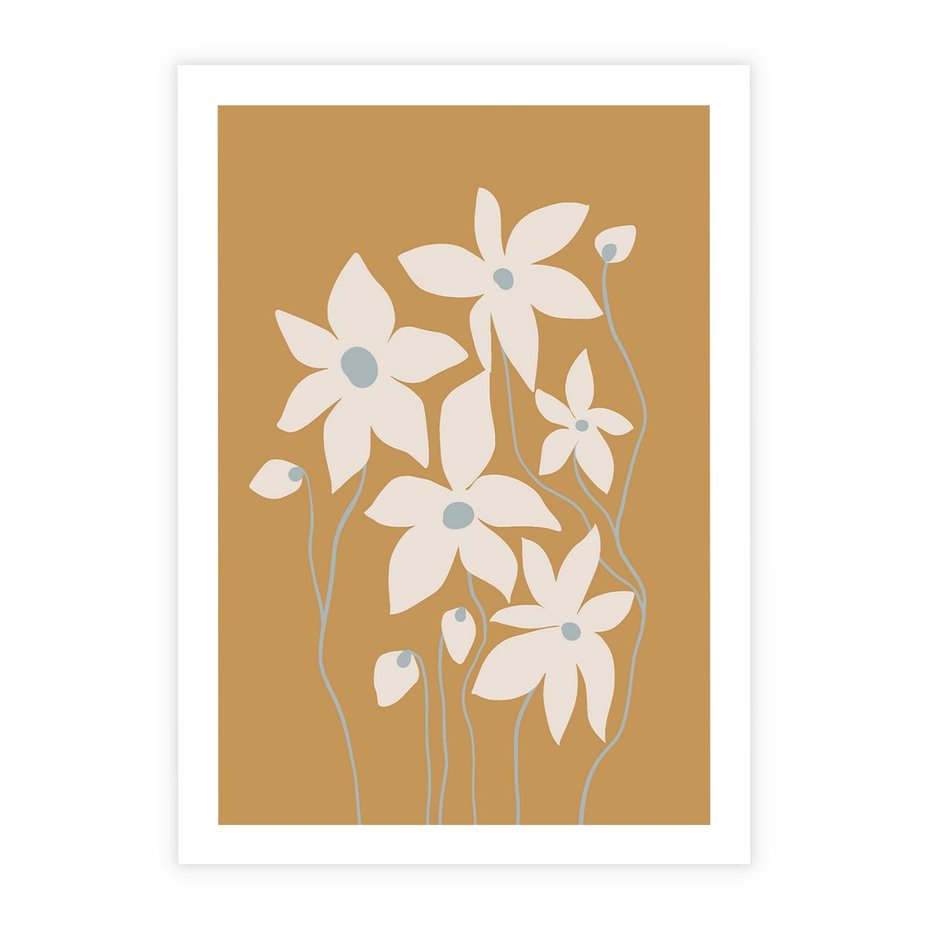 Plakat bez ramy 21x30 - Kwiatowy Spektakl - minimalistyczne kwiaty, na pomarańczowym tle