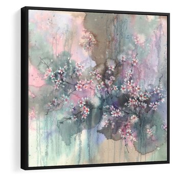 Obraz w ramie 50x50 - Efemeryczne Kwitnienie Drzew - akwarela, rozmyte pastelowe tłó - rama czarna